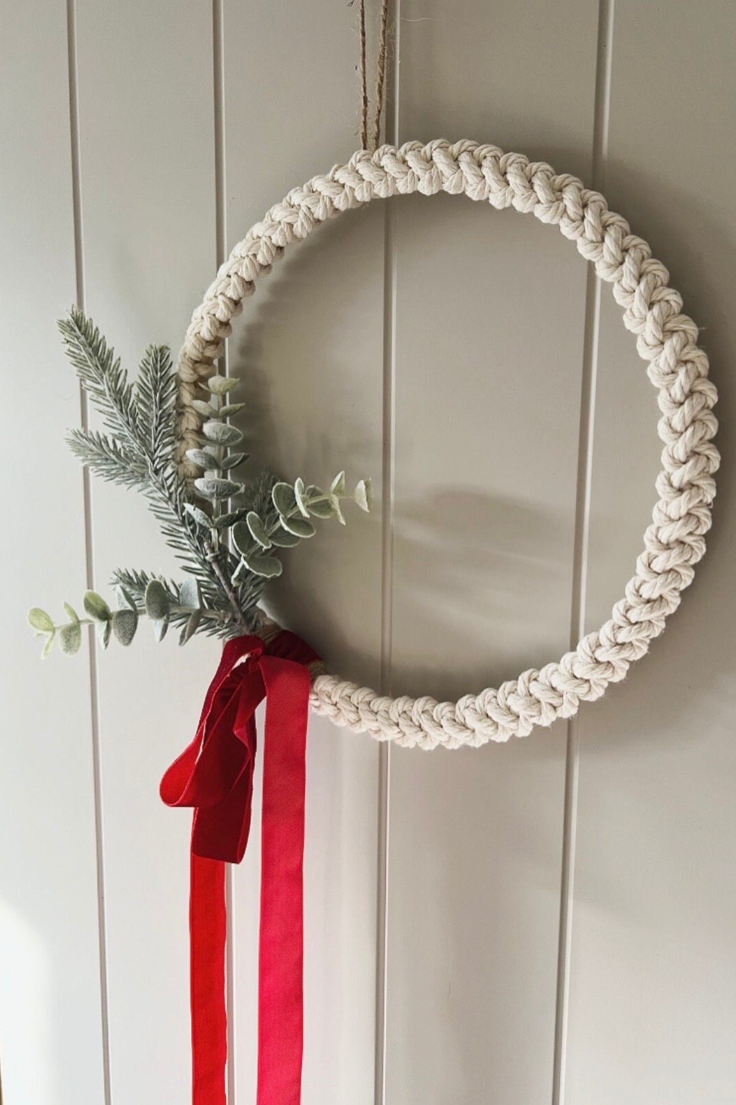 Macrame Velvet Bow Wreath | Seasonal Wreath | Winter Wreath | 26 cm | Handmade | Cotton | Wood | Natural Decor | Farmhouse Decor