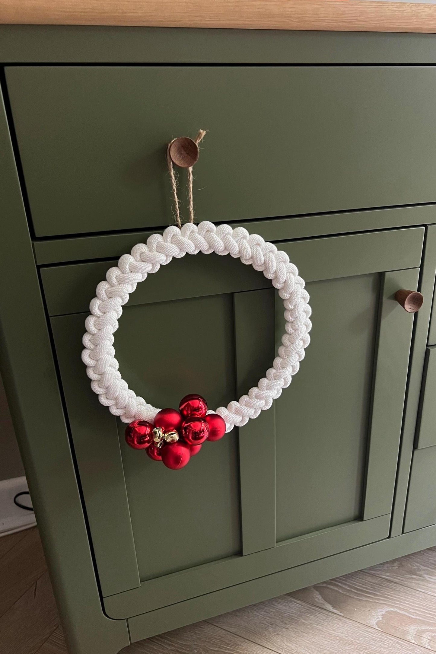 Macrame Christmas Wreath | Handmade Door Decoration | Cotton and Wood | Bells and Baubles | 20cm